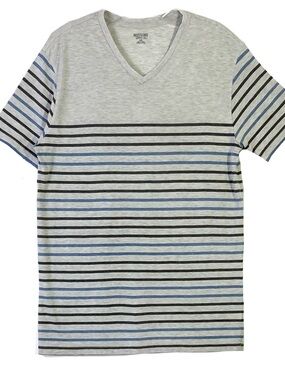 MOSSIMO SUPPLY CO Tshirt Men M Grey-Blue Stripe V-Neck Short-Sleeve